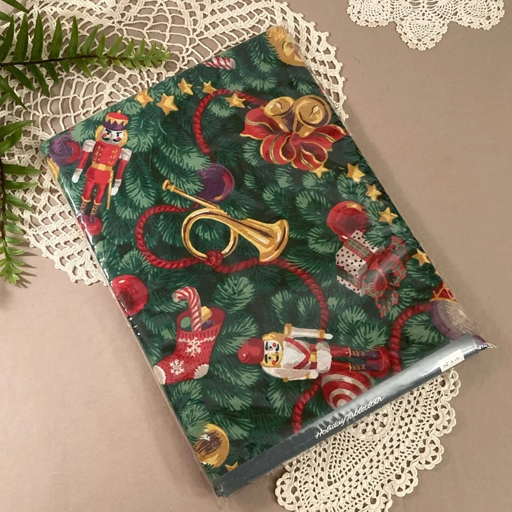 New Vintage 1990s Fabric Christmas Tablecloth Nutcracker Snowman Teddy Bear